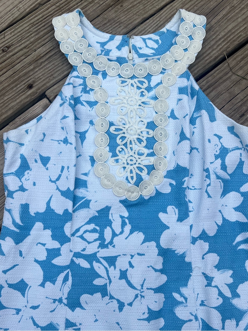 Women's Just...Taylor Blue and White Floral Midi Dress with Lace Neckline
